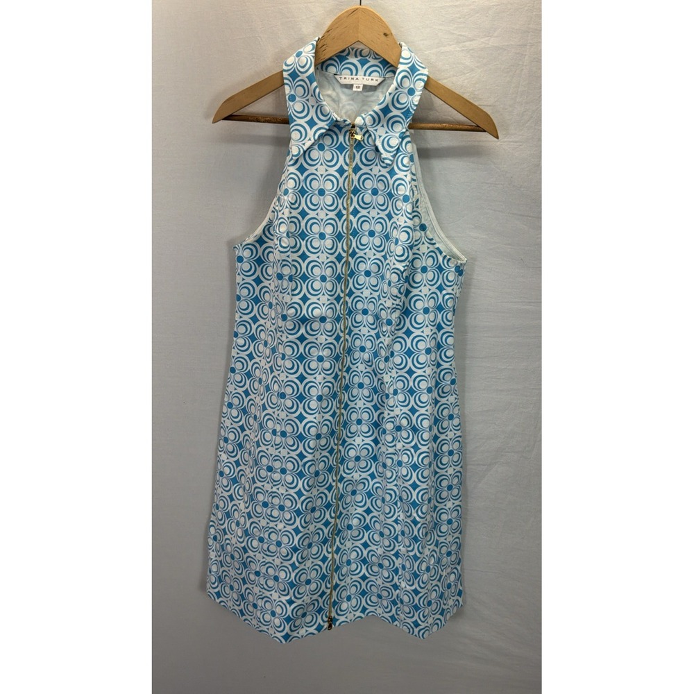 Trina Turk Rosalina Zip-Front Sleeveless Mini Dress size 12 Blue/ white floral